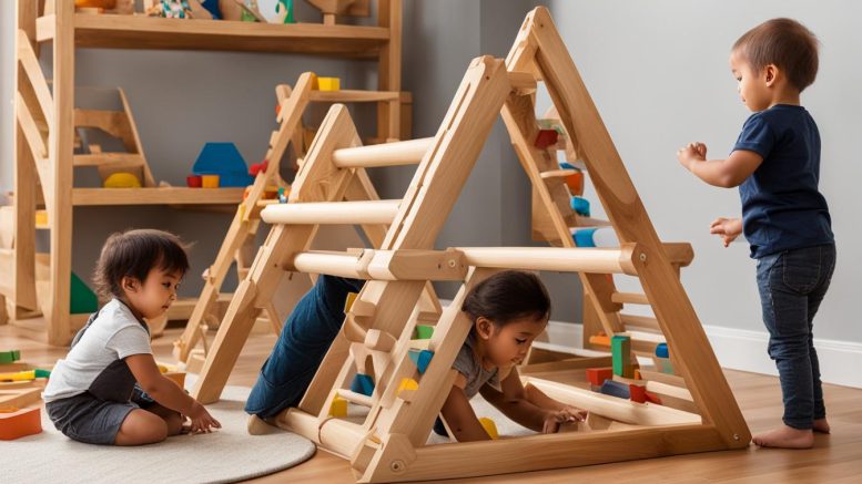 A wooden Pikler Triangle in a cozy indoor play area, surrounded by soft mats and colorful toys. A toddler is climbing confidently, showcasing independence and motor skill development.