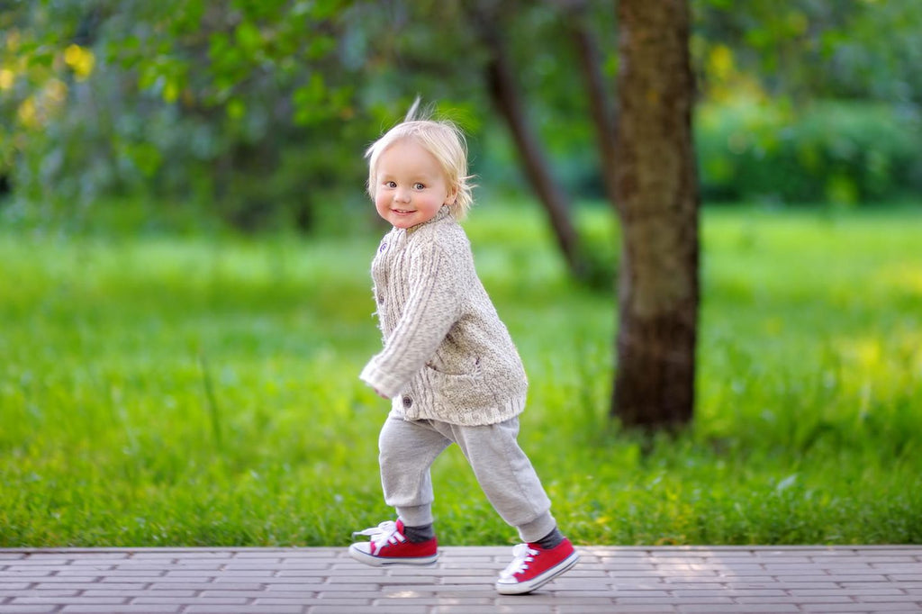 A smiling toddler running on a paved path in a park, showcasing gross motor skill development in children aged 2 to 3 years, such as balance, coordination, and agility.